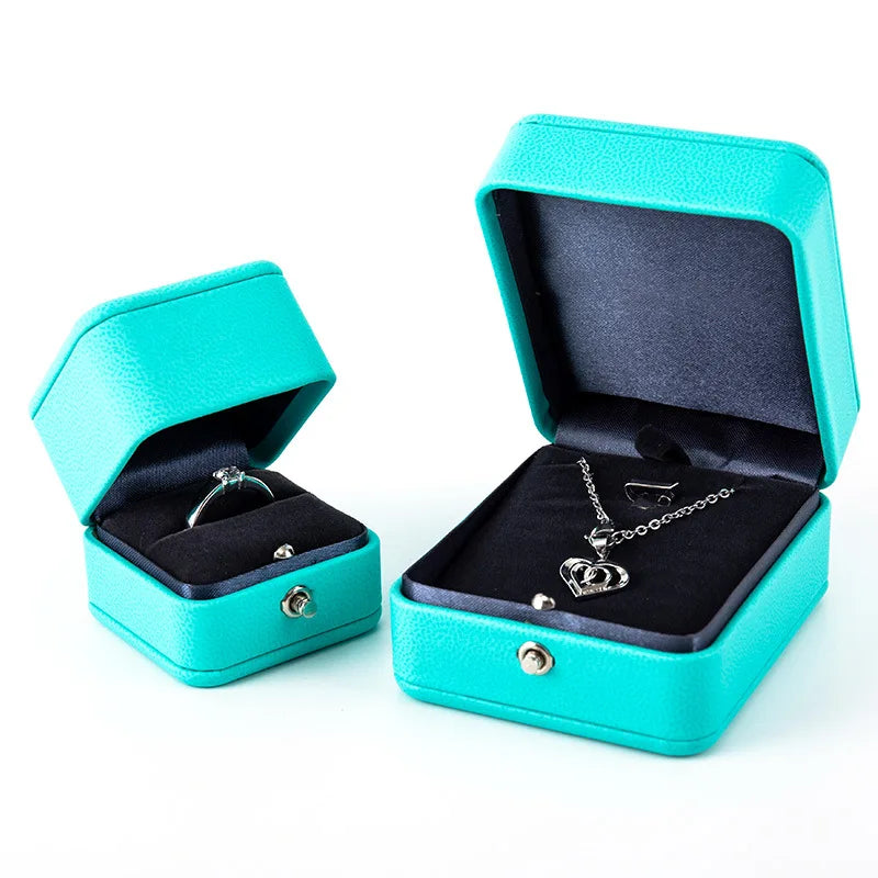 Luxury Romantic Blue Leather Jewelry Gift Box Ring Box Necklace Box Ring Packaging Storage Ring Organizer for Wedding Propose