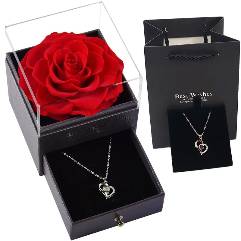 Eternal Red Rose Jewelry Gift Box Ring Earrings Necklace Storage Acrylic Boxes for Lover Romantic Valentine Gifts Jewellery Case